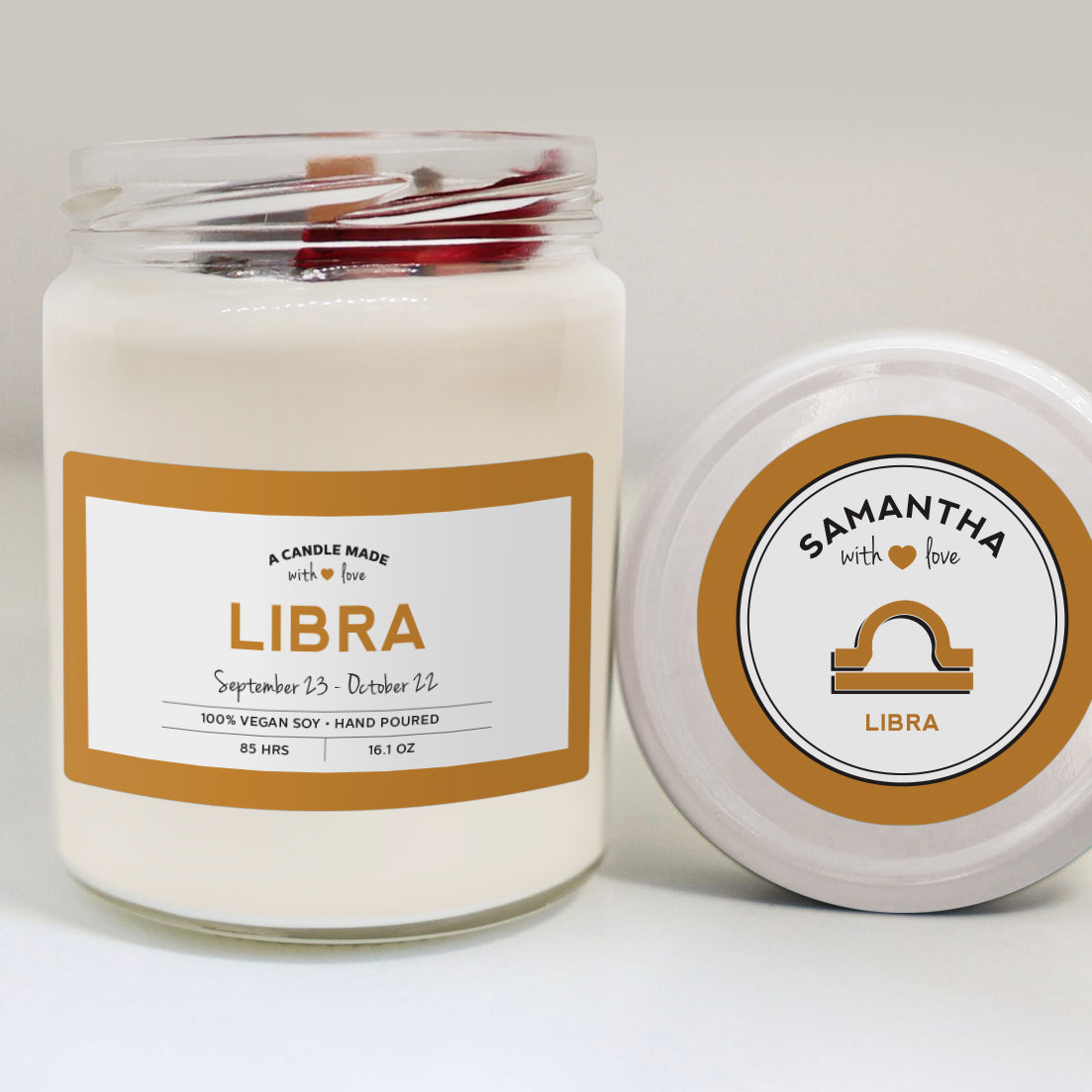 Libra Zodiac Candle - Bergamot, Jasmine, White Tea - 8 oz. Soy Wax Candle -  Favani Candles